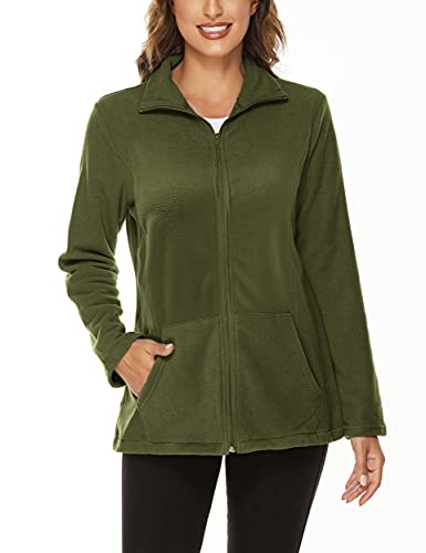 Hibelle Women's Outdoor Full-Zip Thermal Fleece Jacket with Pockets - color: 208-army Green, size: Medium