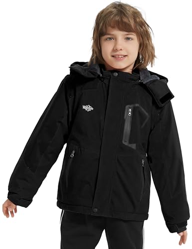 Wantdo Boy's Waterproof Ski Jacket Fleece Snowboarding Jackets Warm Thick Winter Coat Hooded Raincoats - color: Black, size: 6-7