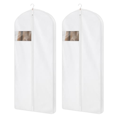 60" Cotton Garment Bag for Hanging Clothes, Dress Bags for Gowns | 2 Pack, Breathable Cotton Fabric, Strong Zipper, Organza Window, Dust Cover, For Closet Storage, Long Dress, Coats, White - size: 3"W x 60"H-2pcs