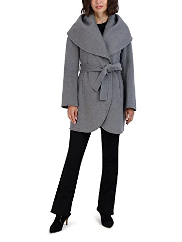 TAHARI Womens Double-faced Luxury Soft Wool Blend Peacoat Removable Belt Wool Coat Oversized Collar - color: Ash, size: Small