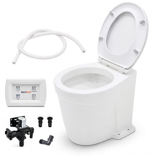 SEAFLO Deluxe Flush Freshwater Electric Marine Toilet - Fresh Water Rinse, 12V, w/ 4-way Flush Panel, Smart Flushing System, Ceramic Bowl, Soft Close Seat, Quiet Flush, Macerator Pump, 4 Year Warranty - style: 12V Deluxe Flush - Fresh Water Rinse - Soleno