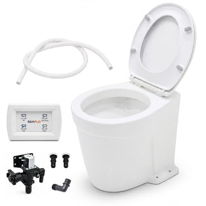 SEAFLO Deluxe Flush Freshwater Electric Marine Toilet - Fresh Water Rinse, 12V, w/ 4-way Flush Panel, Smart Flushing System, Ceramic Bowl, Soft Close Seat, Quiet Flush, Macerator Pump, 4 Year Warranty - style: 12V Deluxe Flush - Fresh Water Rinse - Soleno