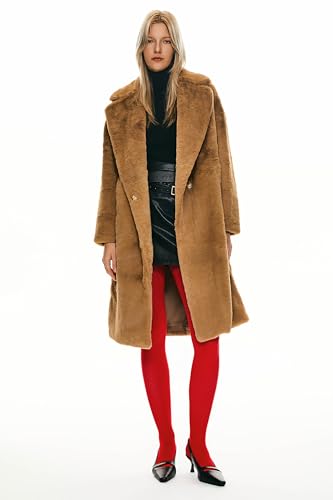 Orolay Women's Fuzzy Fleece Winter Jacket Faux Fur Lapel Coat Mid-Length Sherpa Teddy Coat - color: Khaki, size: X-Small