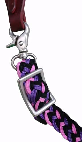 CHALLENGER Horse Western Nylon Braided 8 Ft. Knotted Roping Barrel Reins Purple Teal Orange 60737 - color: Purple / Pink / Black
