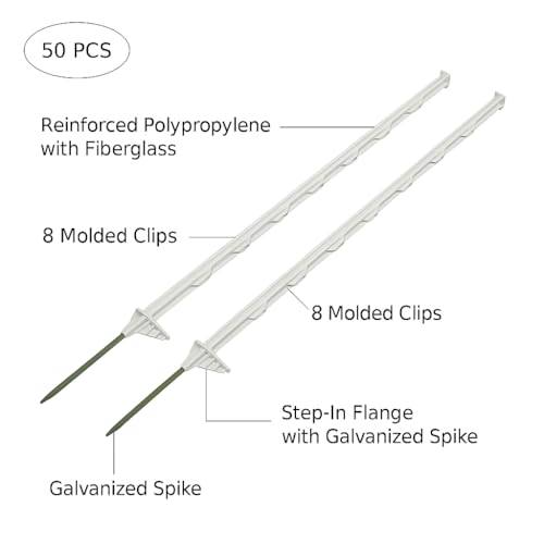 50-Pack 48"" Step-in Posts with Clips Reinforced Poly with Galvanized Spike Electric Fence Wire & Tape Compatible for Garden, Farm, Livestock, Cattle, Sheep Fence Material Not Included
