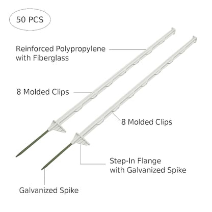 50-Pack 48"" Step-in Posts with Clips Reinforced Poly with Galvanized Spike Electric Fence Wire & Tape Compatible for Garden, Farm, Livestock, Cattle, Sheep Fence Material Not Included