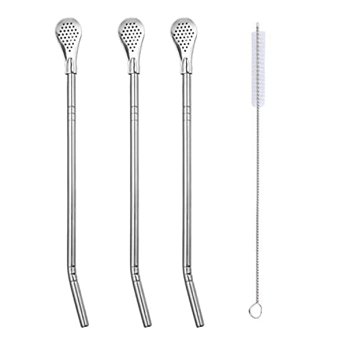 304 Stainless Steel Reusable StirringStraw Filter Spoon,Spoon for Yerba Mate,Loose Leaf Tea Strainer, Suitable for Coffee Shops, Restaurants, Milk tea Shops (1 Cleaner Brushes 3 Sliver spoon)