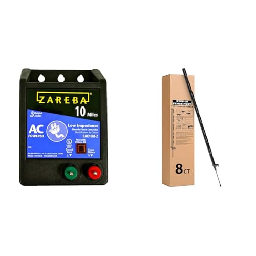 Zareba EAC10M-Z AC Powered Electric Fence Charger - 10 Mile Plug-in Electric Fence Energizer + Zareba A-48B 4-Foot Step-in Electric Fence Posts - 8 Pack for Electric Fence System - Black