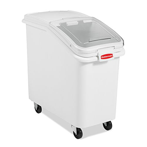 Rubbermaid Commercial Products ProSave Shelf-Storage Ingredient Bin With Scoop 500-Cup capacity Plastic White Sliding Lid Container with Wheels for Kitchen/Restaurant Food Organization - size: 500 Cup