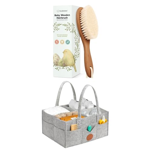 KeaBabies Baby Hair Brush and KeaBabies Diaper Caddy Organizer - Wooden Brush with Soft Goat Bristles, Organizer for Nursery, Cradle Cap Hairbrush