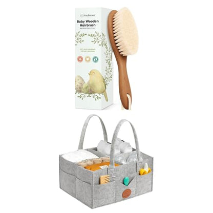 KeaBabies Baby Hair Brush and KeaBabies Diaper Caddy Organizer - Wooden Brush with Soft Goat Bristles, Organizer for Nursery, Cradle Cap Hairbrush
