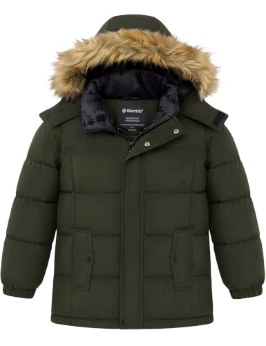 wantdo Boy's Winter Puffer Coats Thick Warm Snow Jacekets Detachable Hood | Removable Faux Fur, Fleece Lining, Windproof, Machine Washable - color: Army Green, size: 10-12