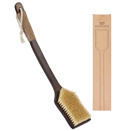 Back Scrubber Shower Brush,Dry Brushing Body Brush with 17.7 Inch Curved Long Handle, Natural Bristles for Lymphatic Drainage, Soft & Stiff Bristles Available (Soft-Fine Boar Bristles)