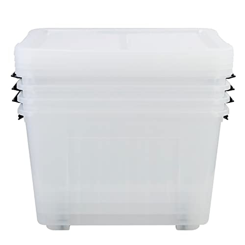 50 Quart Plastic Wheeled Storage Bin, 4 Pack Latching Storage Box | Trasnparent Plastic Material, Stackable - size: 50 Quart