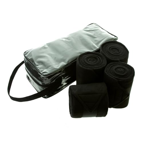 Horse Polo Wraps 4-Pack Hilason Polar Fleece Leg Bandages with Hook and Loop Closure and Zippered Storage Bag Black