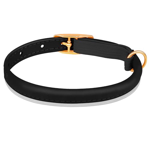 OOPSDOGGY Rolled Leather Cat Collar with Bell - Reflective Kitten Collar with Safety Elastic Strap - Adjustable Small Pet Collars for Boy Girl Cats (Black) - color: Black