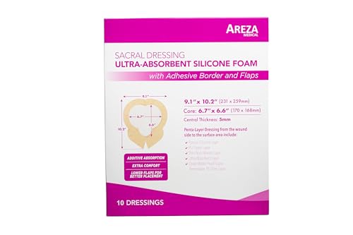 Areza Medical - Silicone Foam with Super-Absorbent Layer - Wound Dressing - Waterproof - with Adhesive Border - Sterile - for Sacral Wounds - 9.1" x 10.2" - 10/Box - 10 Boxes (Total of 100 PCS) - size: 9.1" x 10.2" - 100 PCS