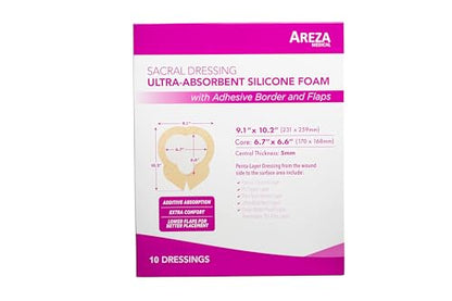 Areza Medical - Silicone Foam with Super-Absorbent Layer - Wound Dressing - Waterproof - with Adhesive Border - Sterile - for Sacral Wounds - 9.1" x 10.2" - 10/Box - 10 Boxes (Total of 100 PCS) - size: 9.1" x 10.2" - 100 PCS