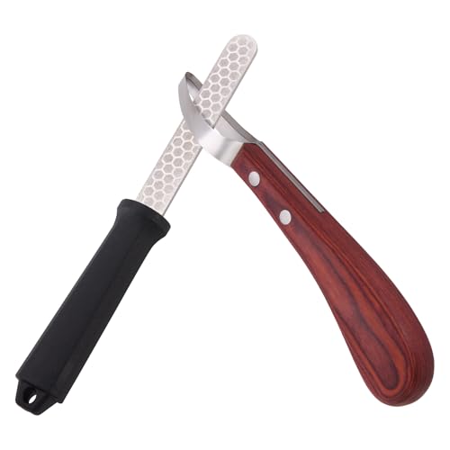 Hoof Knife with Sharpener, 2 PCS Professional Farrier Kit, Curved Stainless Steel Trimming Knife & 400/800 Grit Diamond Rod, Ergonomic Wood Handle, Rust-Resistant for Horses, Cattle