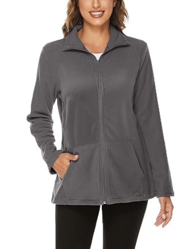 Hibelle Women's Outdoor Full-Zip Thermal Fleece Jacket with Pockets - color: 203-grey, size: Medium