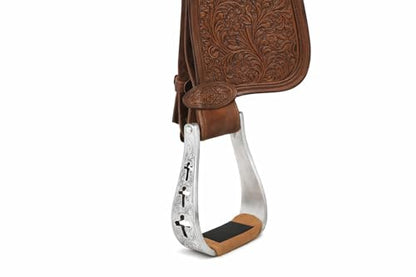 CHALLENGER Western Show Horse Saddle Stirrups Aluminum Leather Tread Cross Engraved 5145v - color: Aluminium Stirrup with genuine Leather Tread