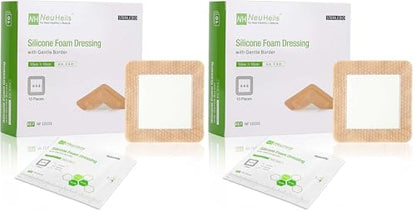NeuHeils Silicone Adhesive Foam Dressing with Gentle Border 4''x4'' for Bed Sore Leg Ulcer 20 Pack, High Absorbency Waterproof Silicone Wound Bandage - size: 4x4 Inch (Pack of 20)