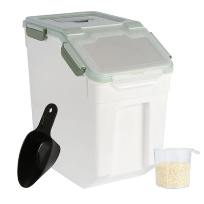 Rice Container 25 lbs Large Bulk Flour Sugar Storage Holdhouse Plastic Grain Cereal Dry Goods Bin with Spoon and Measuring Cup for Kitchen Pantry Organization - Green - color: Green