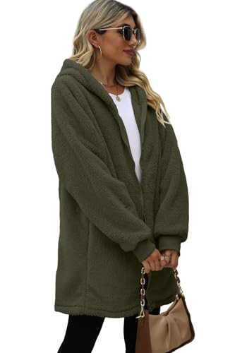 ReachMe Womens Fleece Zip Up Jacket with Pockets Oversized Long Sherpa Hoodie Fuzzy Jackets Warm Teddy Coat - color: 01 Army Green, size: Medium