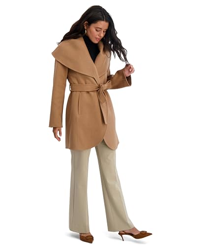 TAHARI Womens Double-faced Luxury Soft Wool Blend Peacoat Removable Belt Wool Coat Oversized Collar - color: Camel, size: X-Small