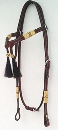 Western Horse Headstall Standard Size – Adjustable Hand Braided Genuine Leather Bridle with Brown Rawhide Knotting Futurity Knot Black Color Hair Tassels, Western Riding Tack, Dark Brown (Full Size) - size: Full