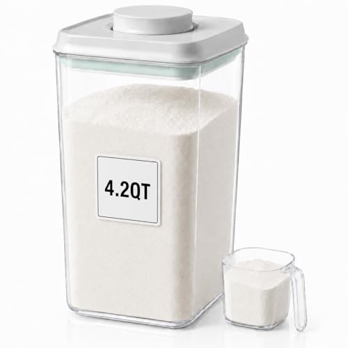 POP Airtight Flour-Rice Food-Storage Container - 4L/4.2Qt Jar with Lid and 3.3Oz Scoop | BPA-Free | Can Hold 5lb of Flour or 5lb of Rice | Stackable and Durable