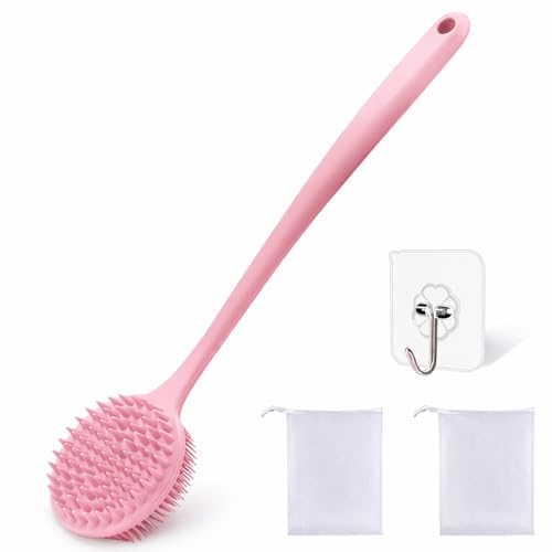 Silicone Body Scrubber for Shower Men Women – Dual-Sided Exfoliating & Massage Shower Brush with Long Handle, Creates Rich Lather, Includes 1 Hook & 2 Lather Balls (Pink). - color: Pink