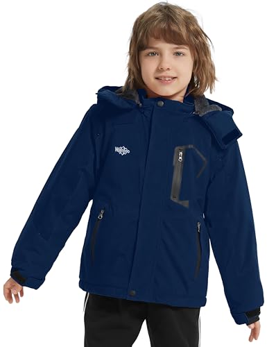 Wantdo Boy's Waterproof Ski Jacket Fleece Snowboarding Jackets Warm Thick Winter Coat Hooded Raincoats - color: Navy, size: 6-7