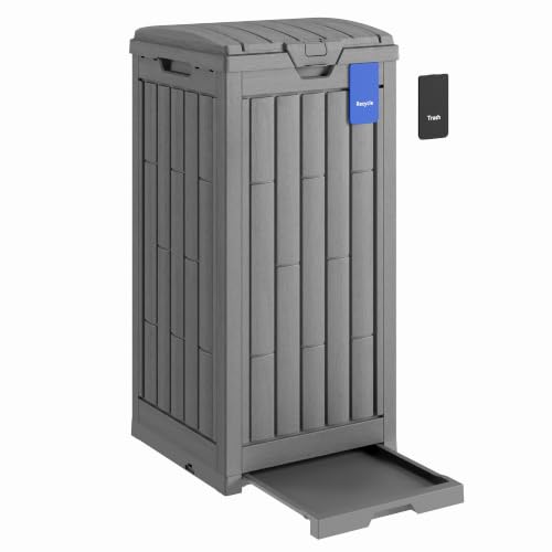 EAST OAK 38 Gallon Outdoor Trash Can | Waterproof Resin Garbage Can with Tiered Lid & Drip Tray | Outside Trash Bin for Patio | Kitchen, Backyard & Deck | Gray Color - size: 38 Gallon
