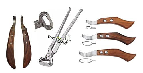 Hoof Nipper 14" and Farrier Hoof De Knives & Loop Knives Hoof Knife Set – Professional Farrier Hoof Trimming Kit for Horses, Sharp Carbon Steel Blades & Ergonomic Wooden Handles