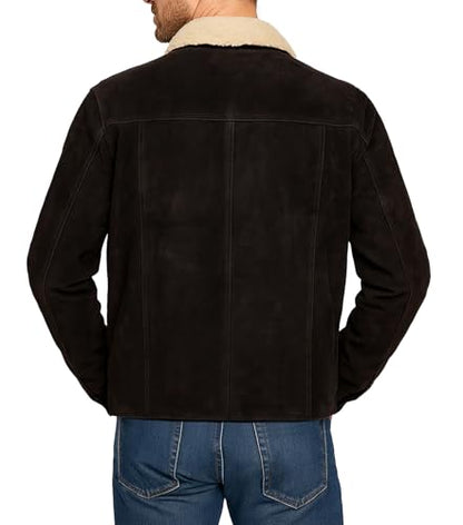 Men's Rick Western Brown Suede Leather Jacket with Sherpa Shearling Collar | Full Zip Front, Snap Cuffs, Polyester Lined, Zip Waist Pockets, Genuine Suede Leather, Cowboy Trucker Design - color: Brown, size: Medium