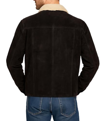 Men's Rick Western Brown Suede Leather Jacket with Sherpa Shearling Collar | Full Zip Front, Snap Cuffs, Polyester Lined, Zip Waist Pockets, Genuine Suede Leather, Cowboy Trucker Design - color: Brown, size: Large