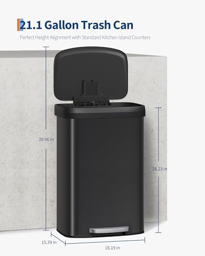 Garvee 21 gal / 80 L Metal Trash Can with Lid, Large Garbage Can for Kitchen, Rustproof Step-on Kitchen Metal Trash Bin with Liner Rim, Rear Handle, Soft Close Plastic Lid, Black - color: Black, size: 21.1 Gallons