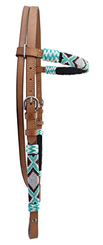 Western Horse Headstall Standard Size – Adjustable Hand Braided Genuine Leather Bridle with Rawhide Knotting, Stitched Accents & Multicolor Beads, Western Riding Tack, Brown