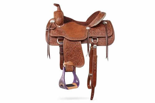 CHALLENGER Horse Western Saddle Turquoise Aluminium Bell Engraved Cut-Out Stirrups 51146v - color: Rider Purple