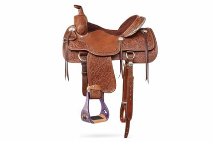 CHALLENGER Horse Western Saddle Turquoise Aluminium Bell Engraved Cut-Out Stirrups 51146v - color: Rider Purple