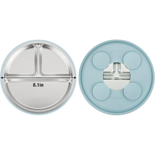 PandaEar 6-in-1 Stainless Steel Baby Feeding Set | Divided Suction Plate, Bowl, Sippy Cup with Straw, Bib, Spoon & Fork | BPA-Free Toddler Feeding Essentials for Self-Feeding (Blue) - color: Blue