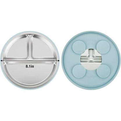 PandaEar 6-in-1 Stainless Steel Baby Feeding Set | Divided Suction Plate, Bowl, Sippy Cup with Straw, Bib, Spoon & Fork | BPA-Free Toddler Feeding Essentials for Self-Feeding (Blue) - color: Blue