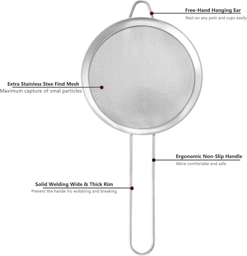 Fine Mesh Strainers for Kitchen, COKUMA Stainless Steel Metal Hand Small Mini Sieve Strainer, Cocktail Strainer Tea Coffee Juice Strainer，Food Strainer with Handlle (3.35inch, Silver)