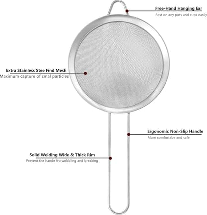 Fine Mesh Strainers for Kitchen, COKUMA Stainless Steel Metal Hand Small Mini Sieve Strainer, Cocktail Strainer Tea Coffee Juice Strainer，Food Strainer with Handlle (3.35inch, Silver)