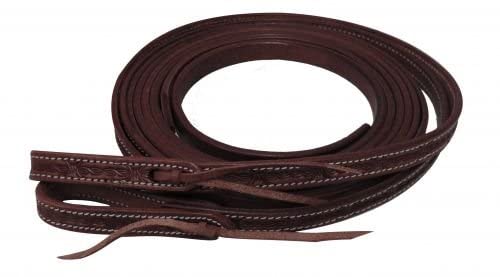 Showman 5/8" x 8' Argentina Cow Leather Barbed Wire Tooled Split Reins - color: Dark Oil