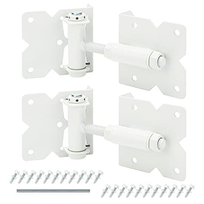 Self Closing Gate Hinges Heavy Duty Hardware Hinges for Wooden/Vinyl/PVC Fences, 90 Degree Adjustable Gate Hinge with Installation Screws and Swing Adjuster Tool, 2 Pack/Set, White - color: White