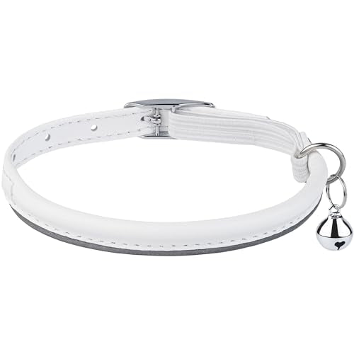 OOPSDOGGY Rolled Leather Cat Collar with Bell, Reflective Kitten Collars with Buckle Include Safety Elastic Strap - Adjustable Small Pet Collars for Boy Girl Cats (White) - color: White