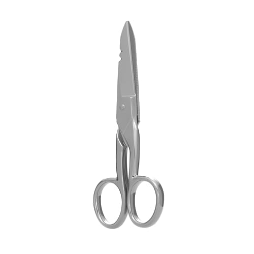 Klein Tools 2100-7 Electrician Scissors, Made in USA, Nickel-Plated Scissors with Stripping Notches, Made in USA, 5.25-Inch Snips for Datacom, Telecom, Electrical and Heavy-Duty Use - style: Nickel Plated