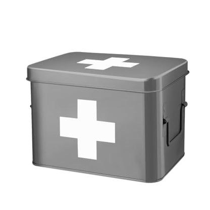 Flexzion Large Metal First Aid Box Empty, 8.5-Inch, Gray with White Cross - color: Gray, size: 8.5 Inch without Latch Lock